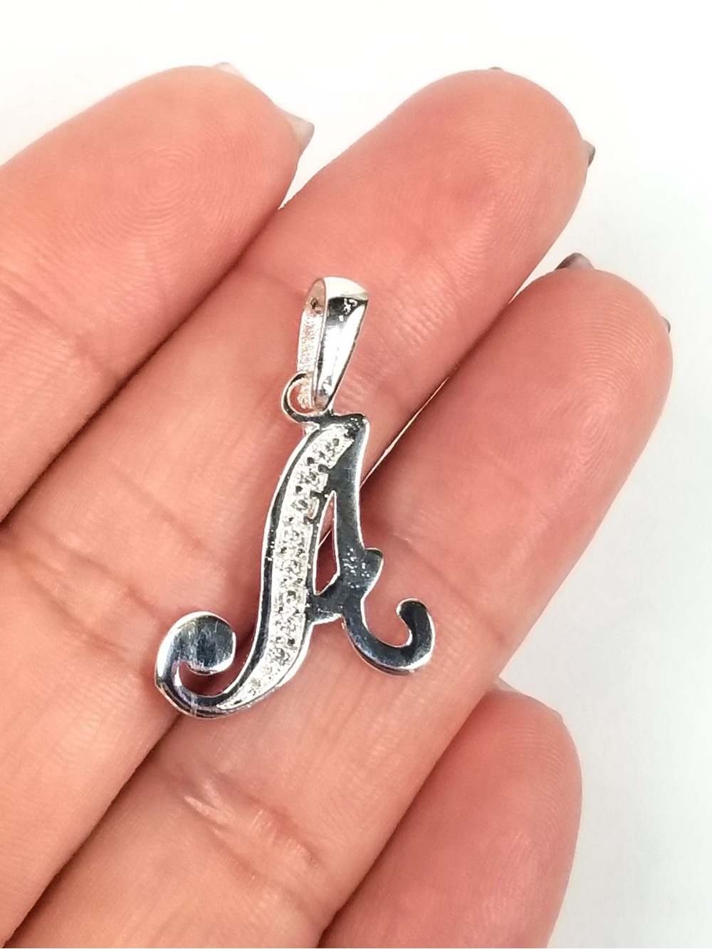 Initial A Letter CZ Pendant Charm Fancy Script 925 Mex. Sterling Silver 21mm
